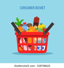 Red plastic shopping basket full of foodstuff concept flat vector illustration