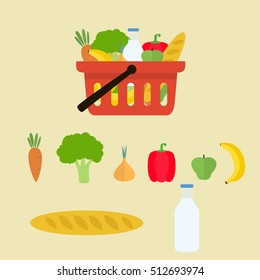 Red plastic shopping basket full of fresh healthy food