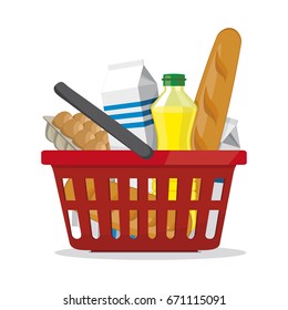 Red plastic shopping basket full of products. Grocery store. vector illustration on white.