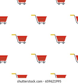 Red plastic shopping basket on wheels pattern seamless flat style for web vector illustration