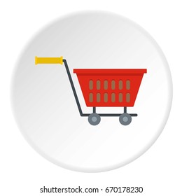 Red plastic shopping basket on wheels icon in flat circle isolated vector illustration for web