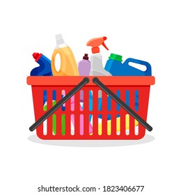 Red plastic shopping cart full of detergent bottles and containers. Supermarket basket with cleaning supplies and washing powder icons.