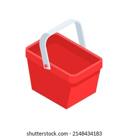 Red plastic shopping cart with handle for purchase carrying minimalist 3d icon isometric vector illustration. Supermarket basket commerce business retail container for store or shop buying