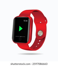 Red plastic smart wristwatch on white background. Vector realistic 3d illustration