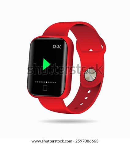 Red plastic smart wristwatch on white background. Vector realistic 3d illustration