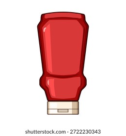 Red plastic squeeze bottle containing tomato ketchup or other condiment, featuring a beige flip top cap, representing fast food, cooking, and meal preparation on a white background