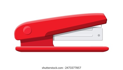Red plastic stapler. Device for fastening sheets. Office and school equipment, stationery. Vector illustration in flat style