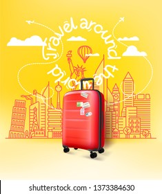 Red plastic suitcase with abstract cityscape with famous sightseengs. Travel around 
the world concept 