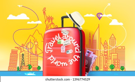 Red plastic suitcase with abstract cityscape with famous sightseengs. Travel around the world concept 