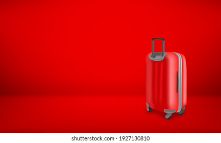 Red plastic suitcase on red background. Vacation vector concept