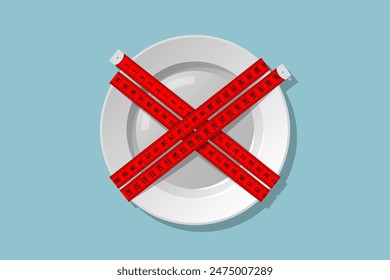 Red plastic tape measure with markings in centimeters is wrapped around empty plate and forming the X mark as negation symbol, concept of fasting, dieting, refusal to eat in order to lose weight