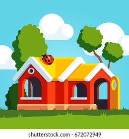 Red Plastic Toy Play House With Yellow Roof, Windows And Opened Door Standing Outside On The School Or Kindergarten Playground. Kids Playhouse In Public Park. Flat Vector Illustration With Background.