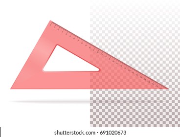 Red plastic transparent triangle. Triangle ruler isolated on a transparent and white background. Realistic vector illustration