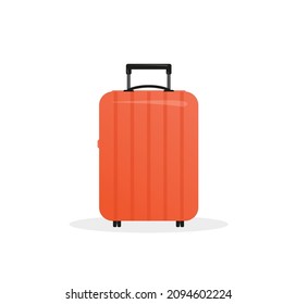 Red plastic travel suitcase in flat style isolated on white. Coral travel bag.