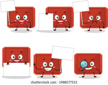 Red plastic tray cartoon character bring information board. Vector illustration