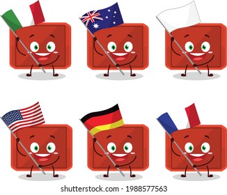 Red plastic tray cartoon character bring the flags of various countries. Vector illustration