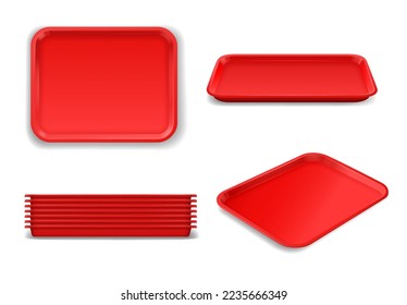 Red plastic tray mockup for lunch food. Isolated rectangle realistic plastic salver. Fast food restaurant, kitchen or canteen cooking and meal serving 3d vector dishware, utensil or kitchenware