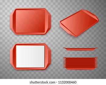 Red Plastic Tray Salver set isolated. Vector mockup.