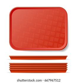 Red Plastic Tray Salver Vector. Classic Rectangular Red Plastic Tray, Plate With Handles. Top View. Restaurant, Fast Food, Kitchen Close Up Tray Isolated Illustration
