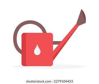 lata de agua de plástico rojo o maceta con mango marrón aislado en fondo blanco. Herramienta de jardín para regar plantas. Ilustración vectorial en estilo plano