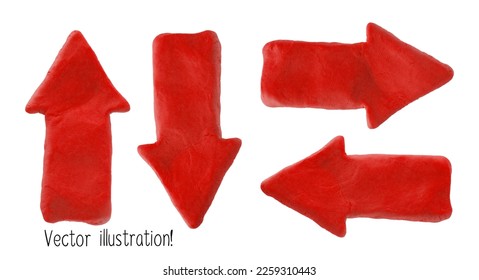 Red plasticine handmade dimensional arrow icons set. Putty design different shapes arrows isolated on white background