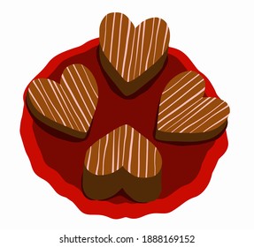 red plate with heart-shaped chocolate chip cookies. White background. Valentine's Day.