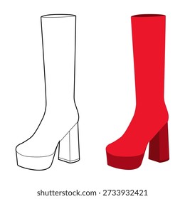 Red platform block heel boot women flat plus line set. Bold platform with chunky sole for winter nights. Technical fashion illustration CAD mockup mixed vector men unisex isolated chic style