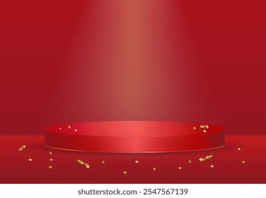 Red platform or podium with gold elements for product display. Vector