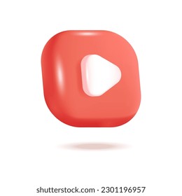 Red play button 3d vector illustration. Social media icon for networking sites or applications in cartoon style isolated on white background. Online communication, digital marketing concept