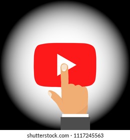 Red play button. The finger presses the play button. Flat design, vector illustration, vector.