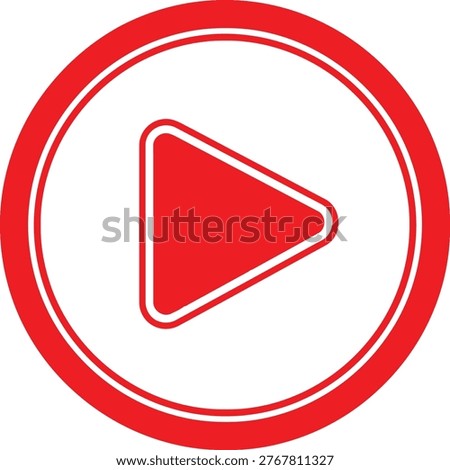 Red play button icon inside a circular outline for media playback control. Vector