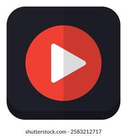 Red play button icon on white background.