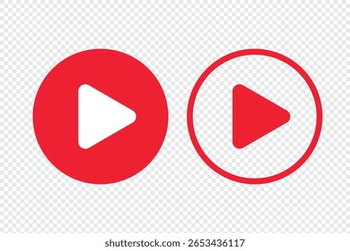 Red Play button icon set. Start audio or video action symbol. Play button icons on transparent background. Vector icon red play. 