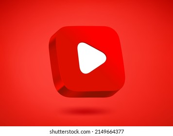 Red play button on red background. 3d vector illustration