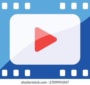 Botón Video rojo del juego en la pantalla blanca dentro del borde azul de la tira de la película