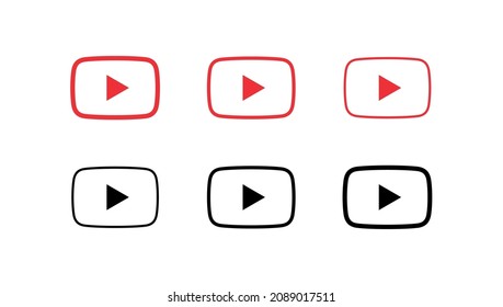 Red play button. Video and music icons set. A triangle within a circle is a media player symbol. Video and audio multimedia reproduction. Isolated vector illustration on white background.