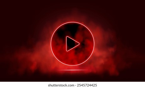 Rojo Jugar Botón de neón. Triángulo brillante Jugar signo sobre fondo ahumado rojo oscuro. Prensa Video de inicio, Multimedia, audio, #, ícono de música. Ilustración vectorial