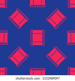 Red Play video icon isolated seamless pattern on blue background. Film strip sign.  Vector
