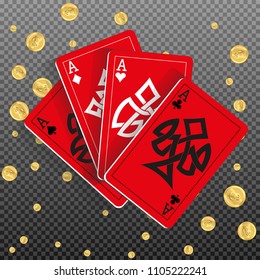 Red Playing Cards and Money on transparent background. Vector illustration in celtic style.