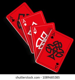 Red Playing Cards on Black Background. Vector illustration in celtic style.
