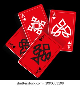 Red Playing Cards on Black Background. Vector illustration in celtic style.