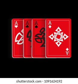 Red Playing Cards on Black Background. Vector illustration in celtic style.
