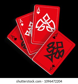 Red Playing Cards on Black Background. Vector illustration in celtic style.