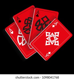 Red Playing Cards on Black Background. Vector illustration in celtic style.