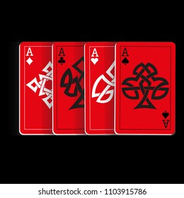 Red Playing Cards on Black Background. Vector illustration in celtic style.