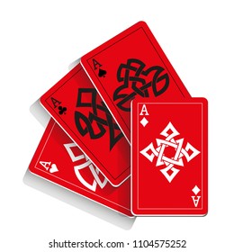Red Playing Cards on White Background. Vector illustration in celtic style.