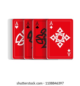 Red Playing Cards on White Background. Vector illustration in celtic style.