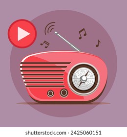 Red playing radio with antenna on lilac background with lilac circle and play icon. Flat style. Vector illustration.