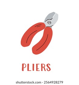 Red pliers, in cartoon style on a white background. Work tool for home repair. Construction themed vector illustration, educational card for kindergarten, school