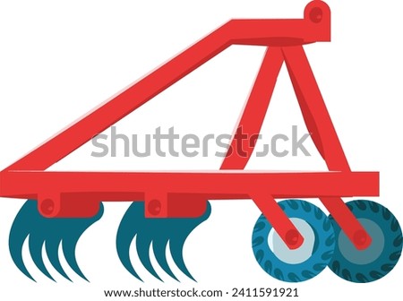 Red plow attachment for tractor, modern agricultural equipment. Farm machinery for soil cultivation vector illustration.
